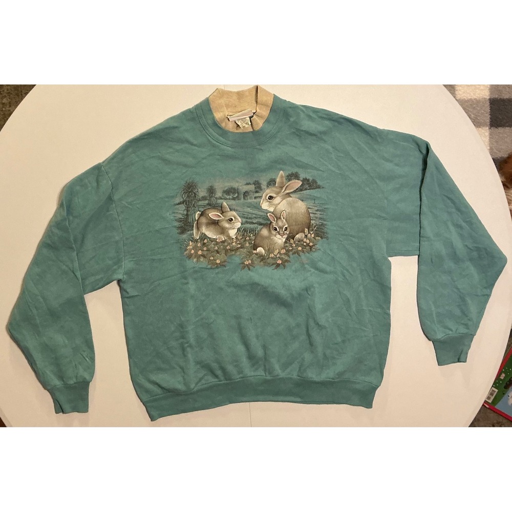 VTG USA Made Granny Bunny Rabbit Sweatshirt Crewneck 90s Teal Mock Neck XL